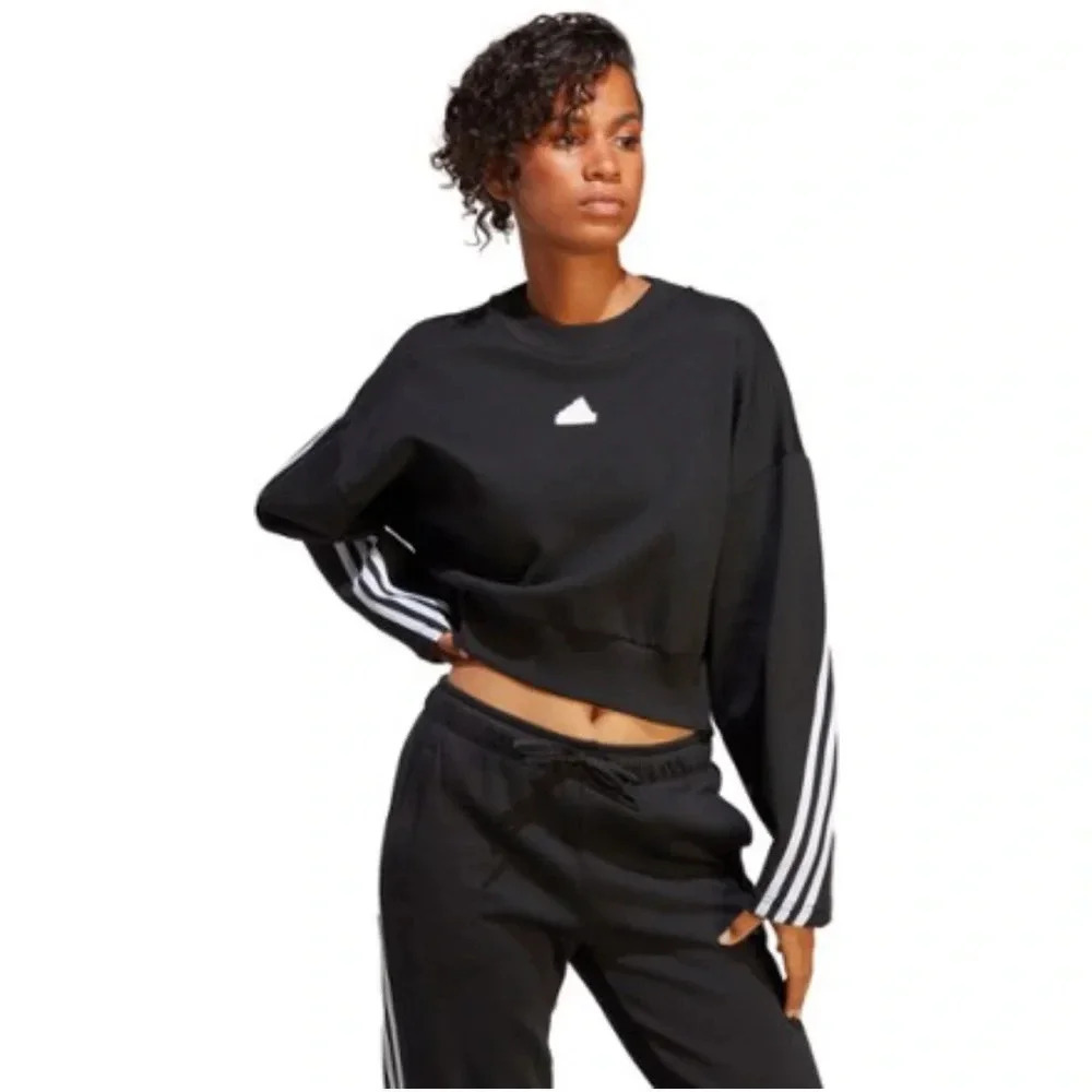 adidas Women's L Large Future Icons 3-Stripes Crew Sweatshirt Black White NWT - Picture 10 of 16